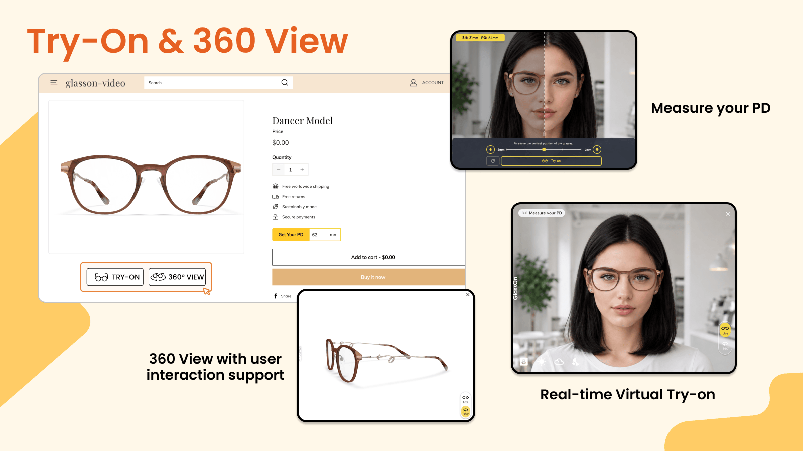 GO Eyewear Try-On on a WooCommerce product page: TRY-ON and 360° VIEW buttons, PD measurement