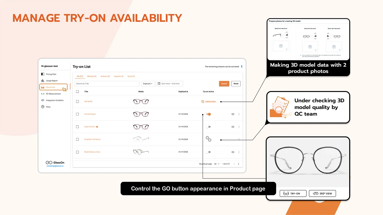 The GO dashboard try-on list: request a 3D model, follow quality checking, toggle try-on per product