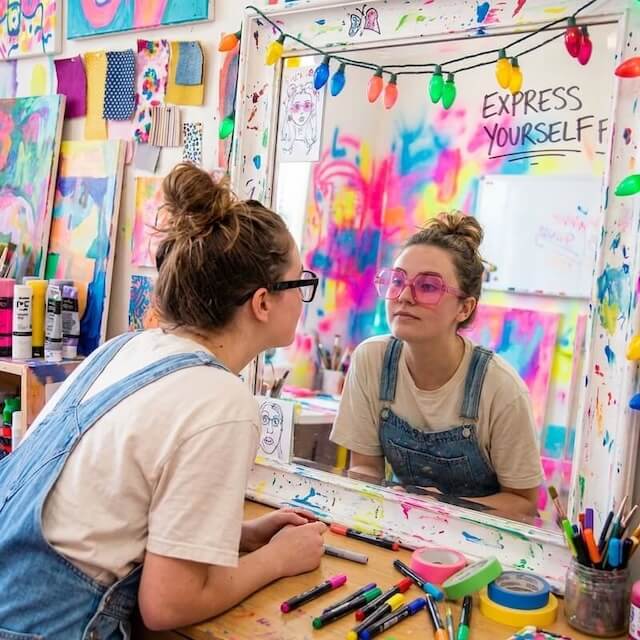 Woman wearing pink glasses