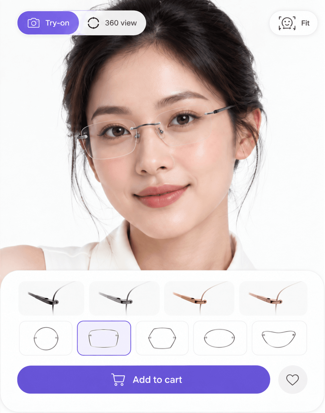 The try-on running on a phone: a shopper's face wearing a rimless mount, with a row of mounts and a row of five lens shapes to pick from underneath