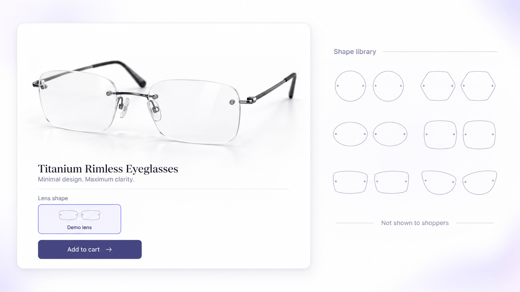 A rimless product page offering a single Demo lens shape, beside a shape library of twelve shapes marked Not shown to shoppers