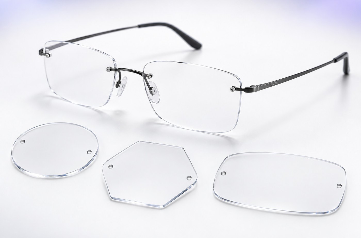 A rimless titanium mount beside three cut lenses in different shapes, each drilled with two screw holes