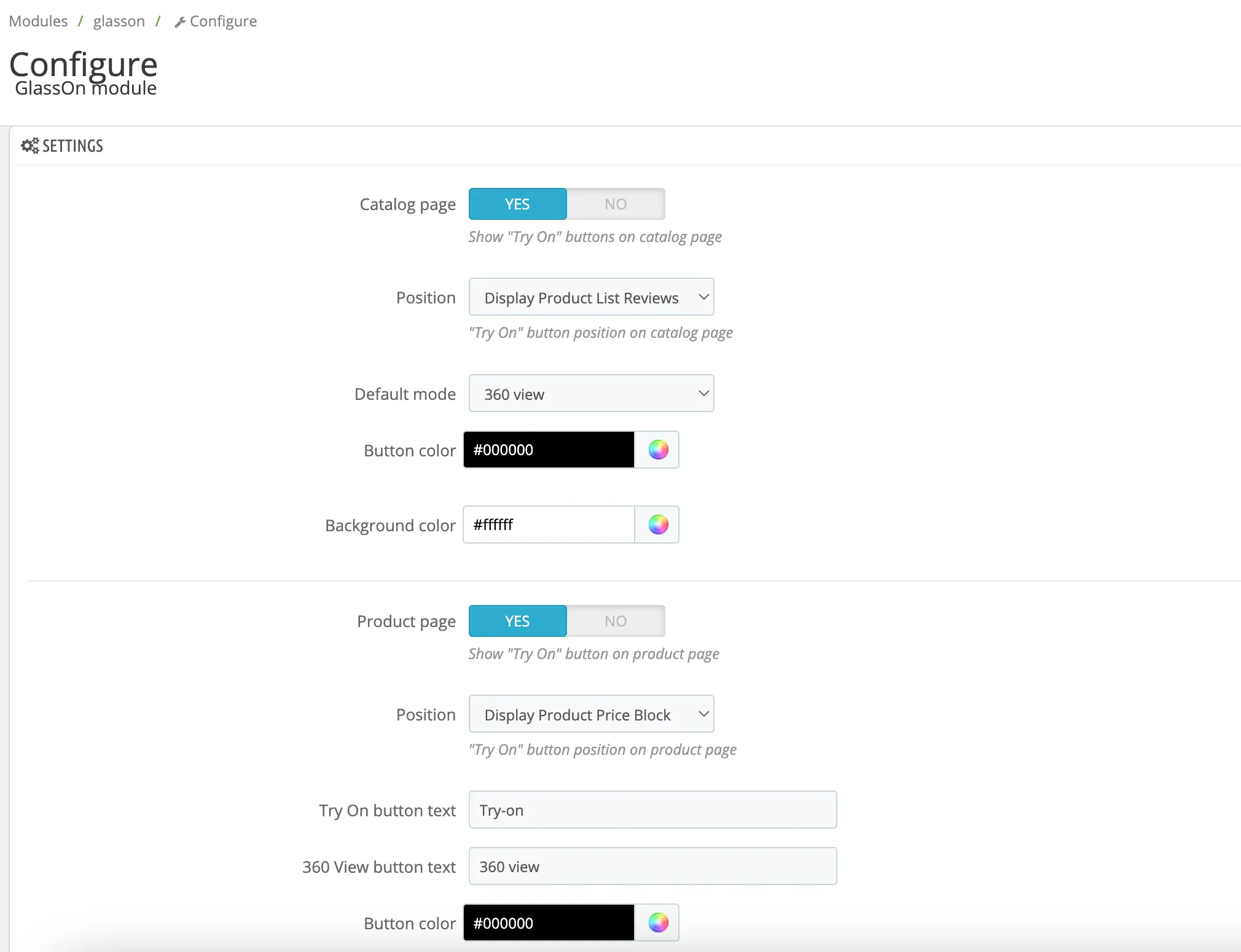 GlassOn Module Configure Page PrestaShop
